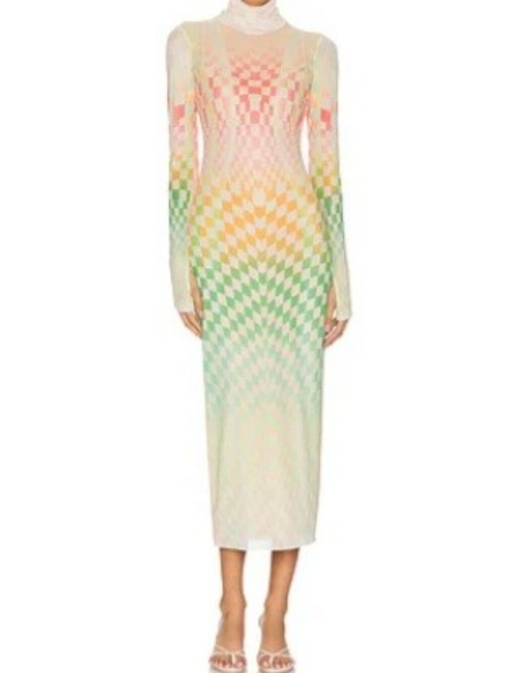 AFRM Gradient Checker Long-Sleeve Midi Dress in Pink, Yellow, Green